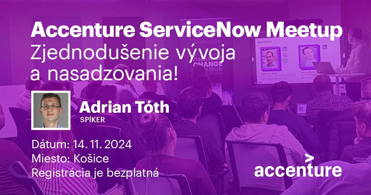 Strieborný partner našej fakulty spoločnosť Accenture organizuje 14.11.2024 od 17:00 v Košiciach pokračovanie série ServiceNow meetupov, v rámci ktorého vám ukážu, ako  by mohol vyzerať rýchly, spoľahlivý a automatizovaný proces vývoja a  deployovania na platforme ServiceNow. Skúsení odborníci sa s vami podelia o praktické rady,  skúsenosti a riešenia ako  urýchliť proces vývoja aplikácií. 